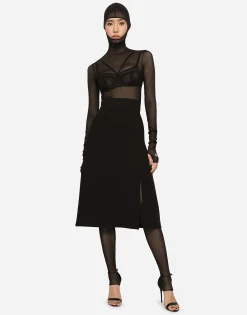 Technical crepe calf-length skirt with slit