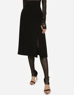 Technical crepe calf-length skirt with slit