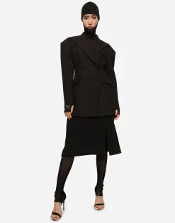 Technical crepe calf-length skirt with slit