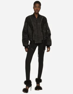 Technical fabric bomber jacket with laces and eyelets