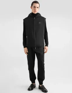 Technical fabric vest with hood