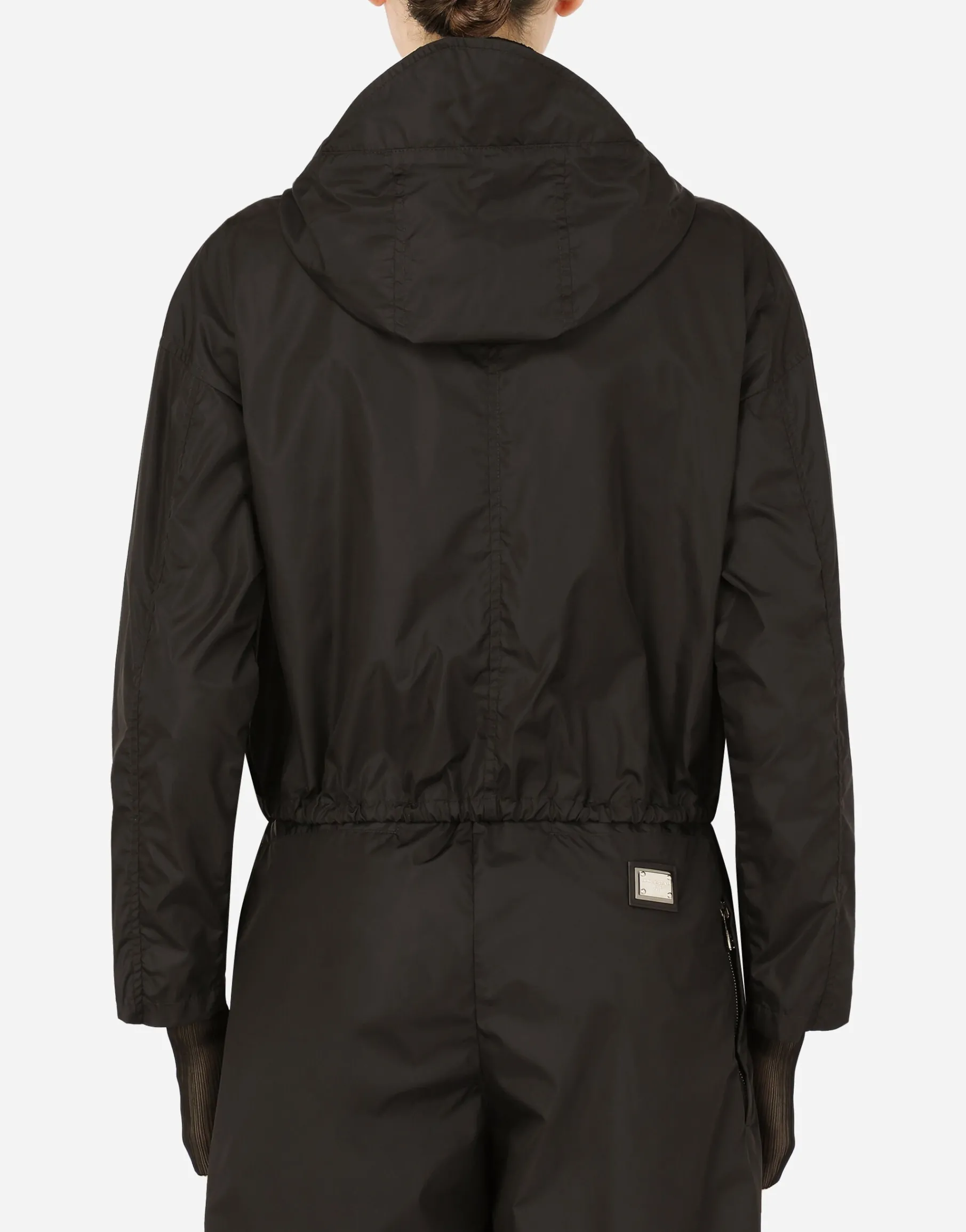 Technical fabric windbreaker with hood