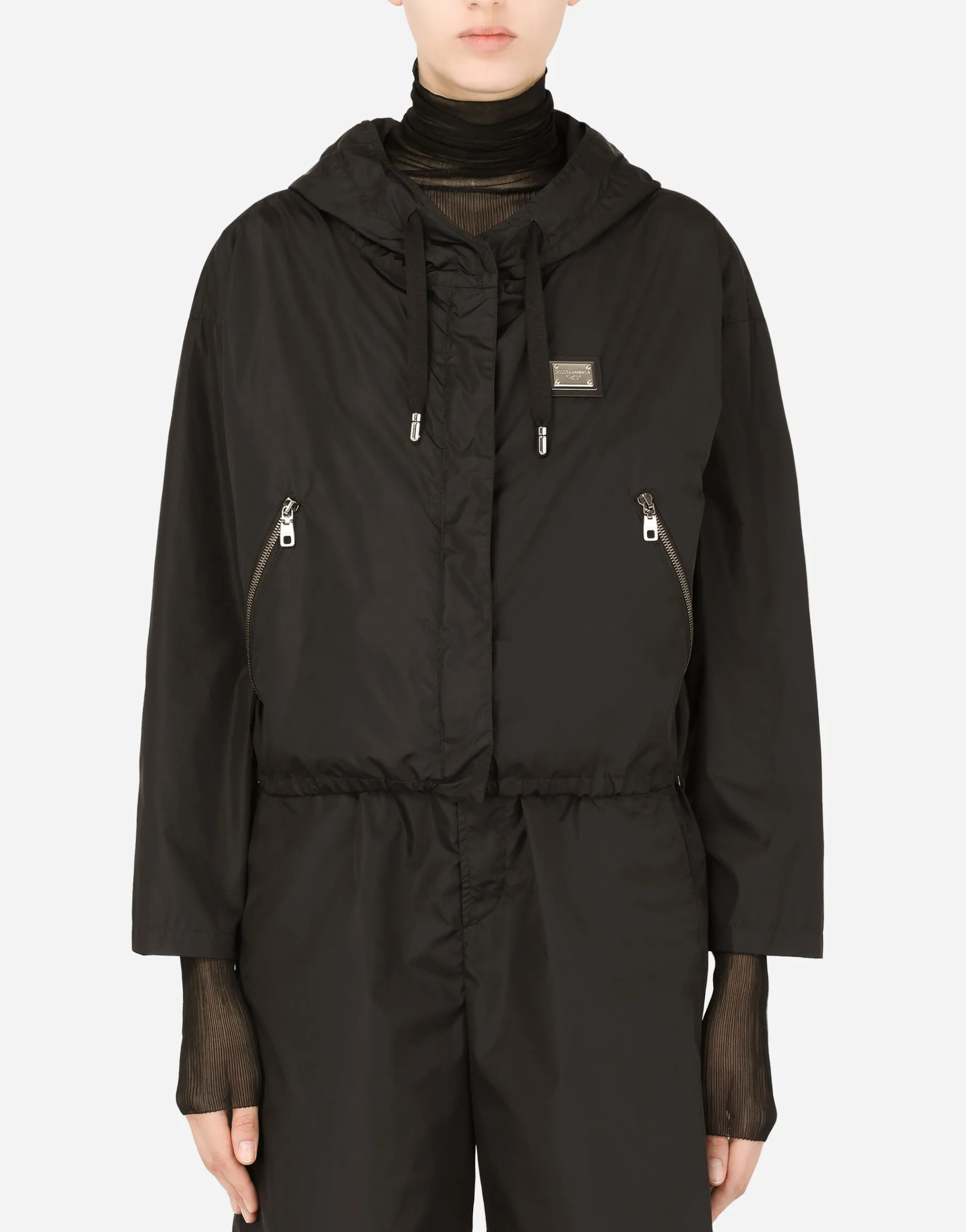 Technical fabric windbreaker with hood