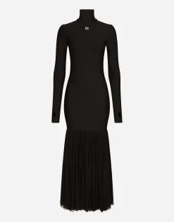 Technical jersey dress with tulle ruffle