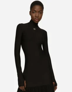Technical jersey dress with tulle ruffle