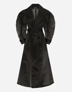 Technical organza trench coat with gathered sleeves