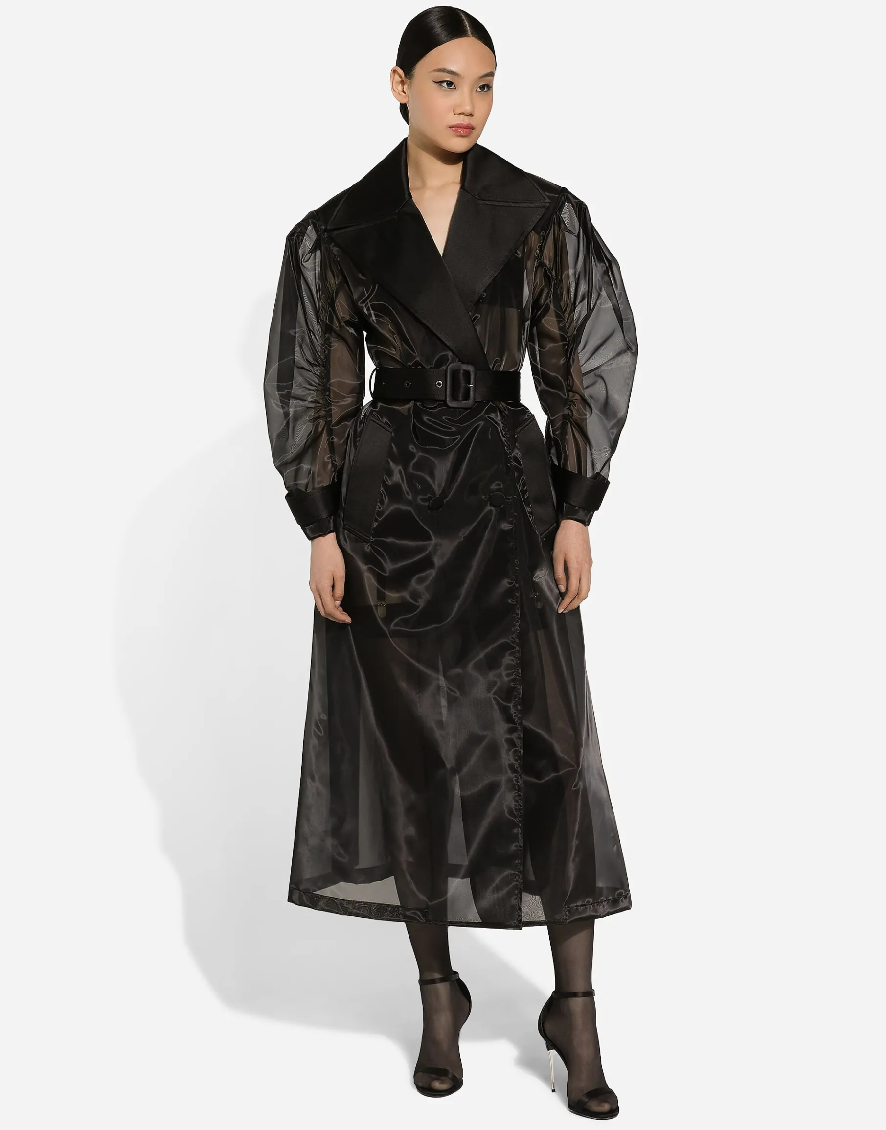 Technical organza trench coat with gathered sleeves