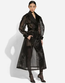 Technical organza trench coat with gathered sleeves