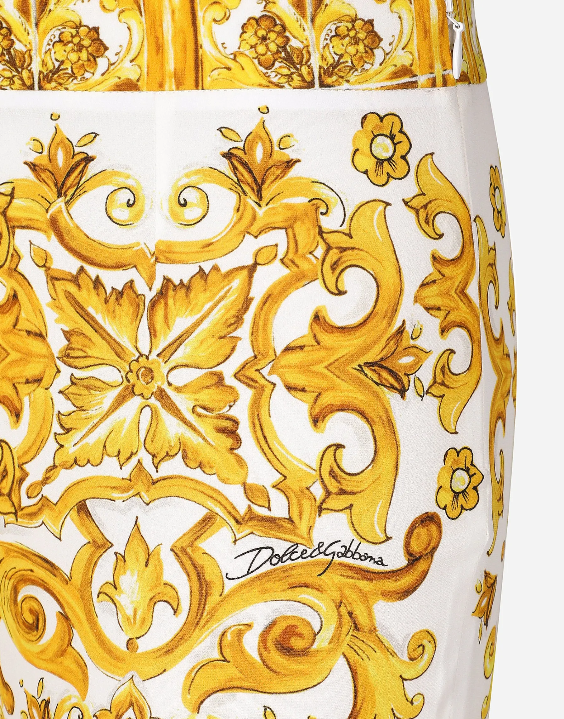 Trumpet-leg silk charmeuse pants with majolica print