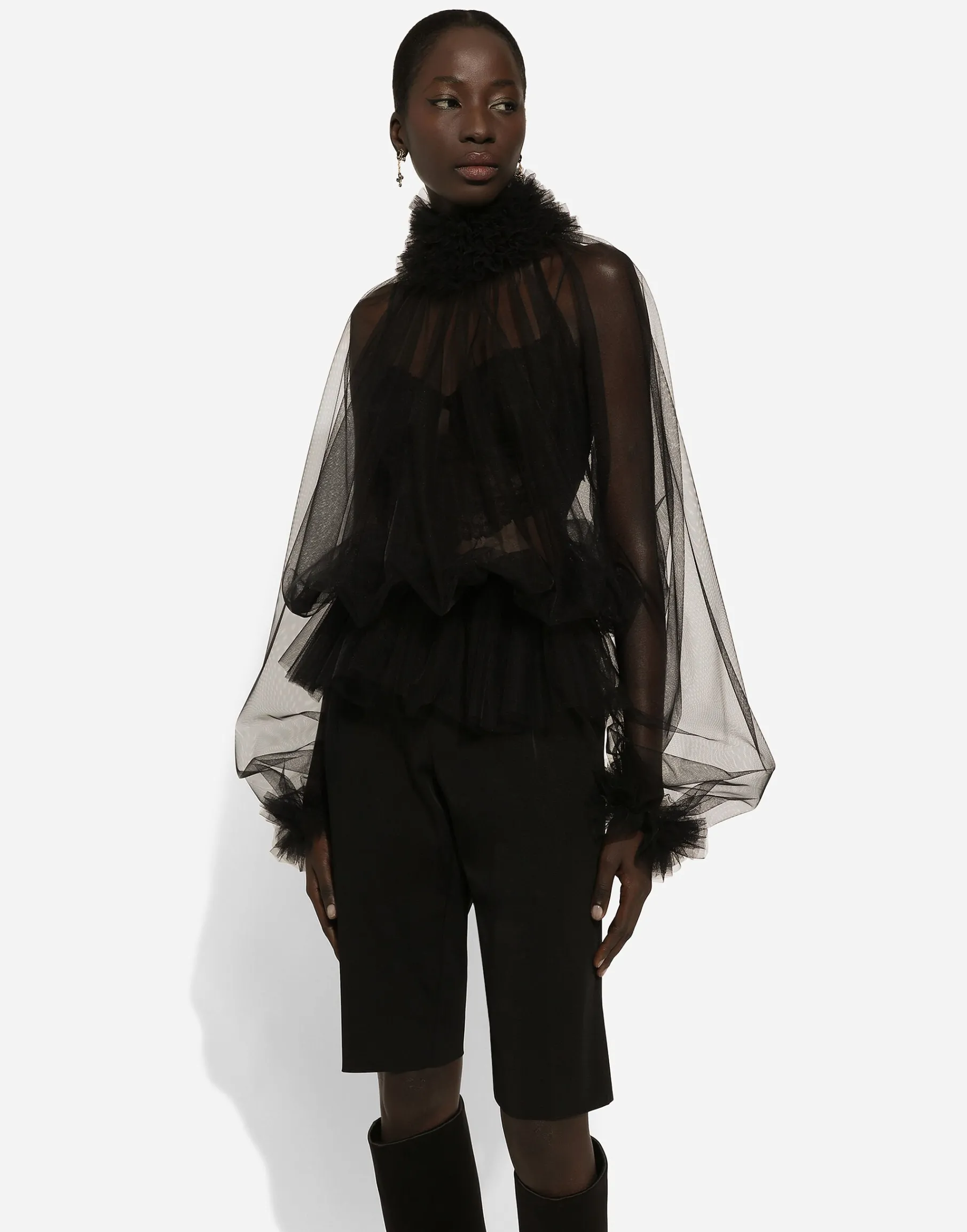 Tulle blouse with ruffles on the neck and cuffs