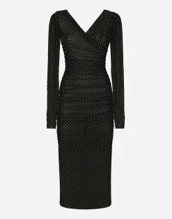 Tulle calf-length dress with draping and polka-dot print
