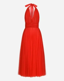 Tulle calf-length dress with sunray pleats