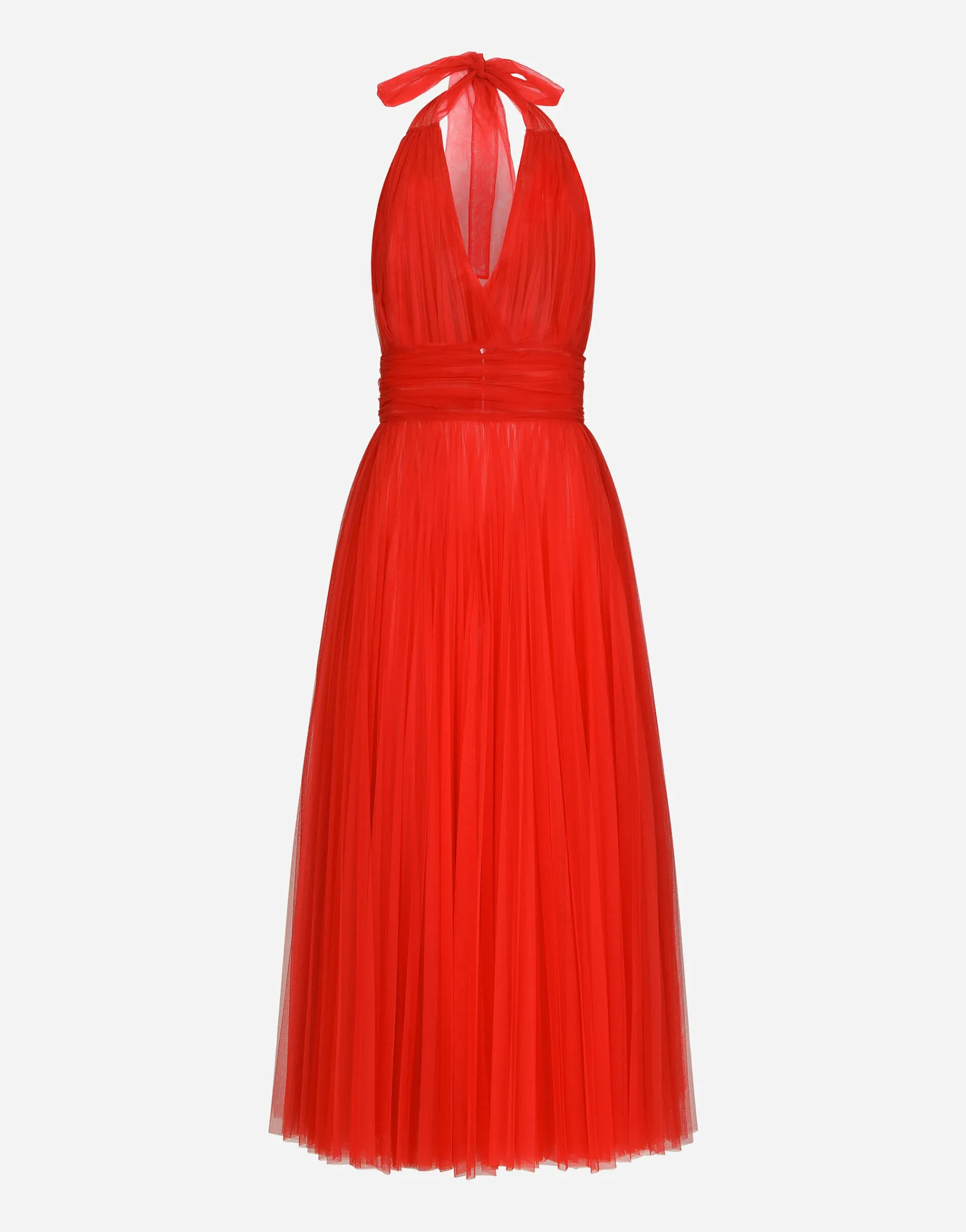 Tulle calf-length dress with sunray pleats