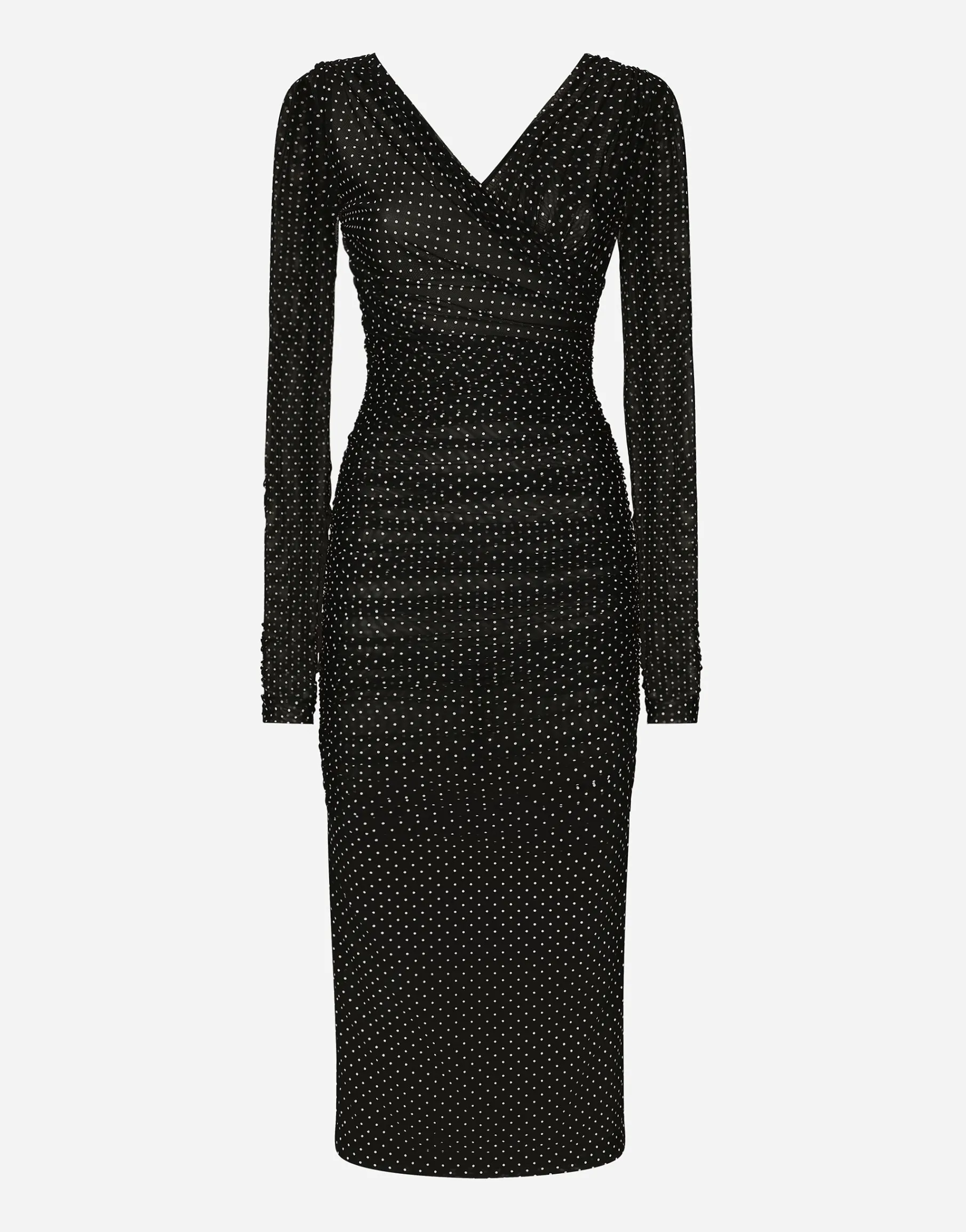 Tulle calf-length dress with draping and polka-dot print