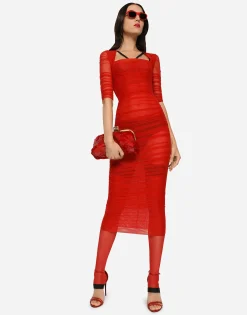 Tulle calf-length dress with draping