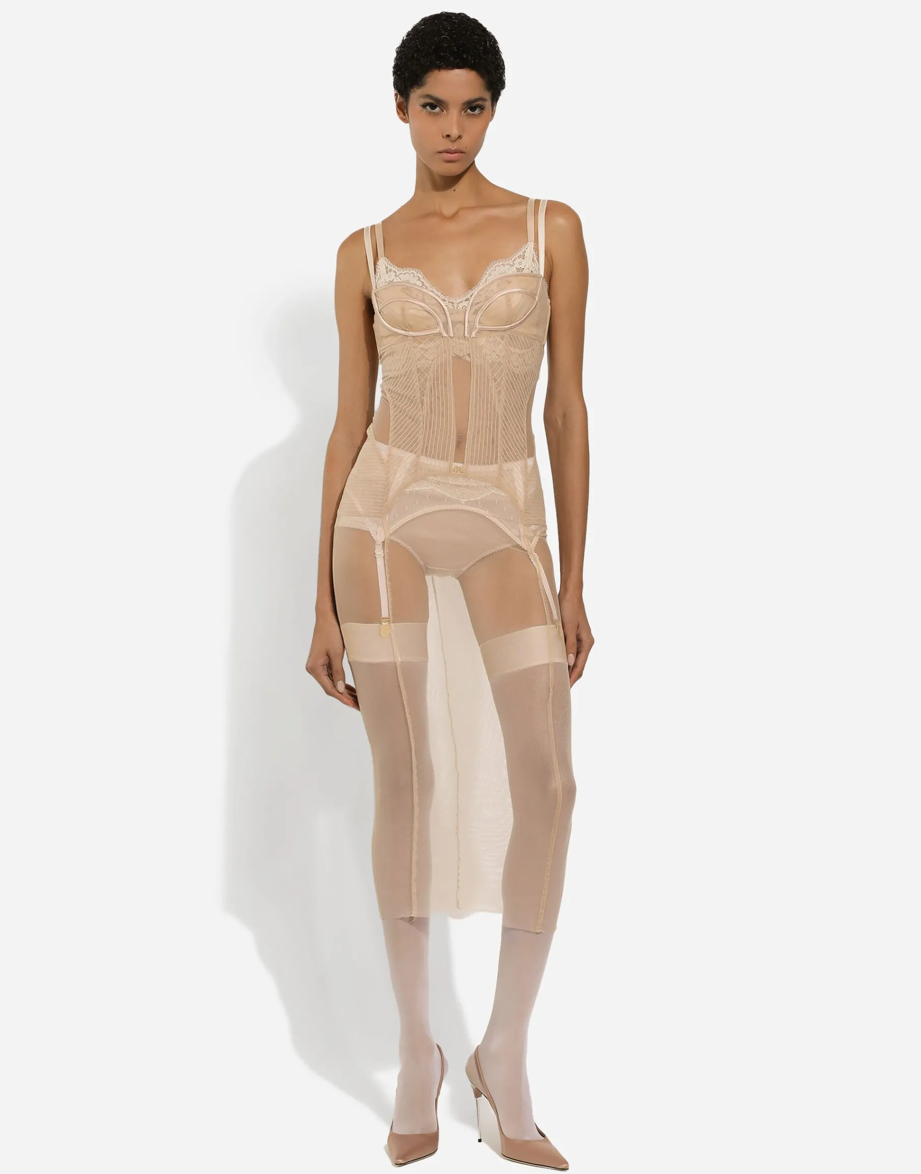 Tulle calf-length dress with corset details