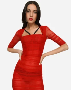 Tulle calf-length dress with draping