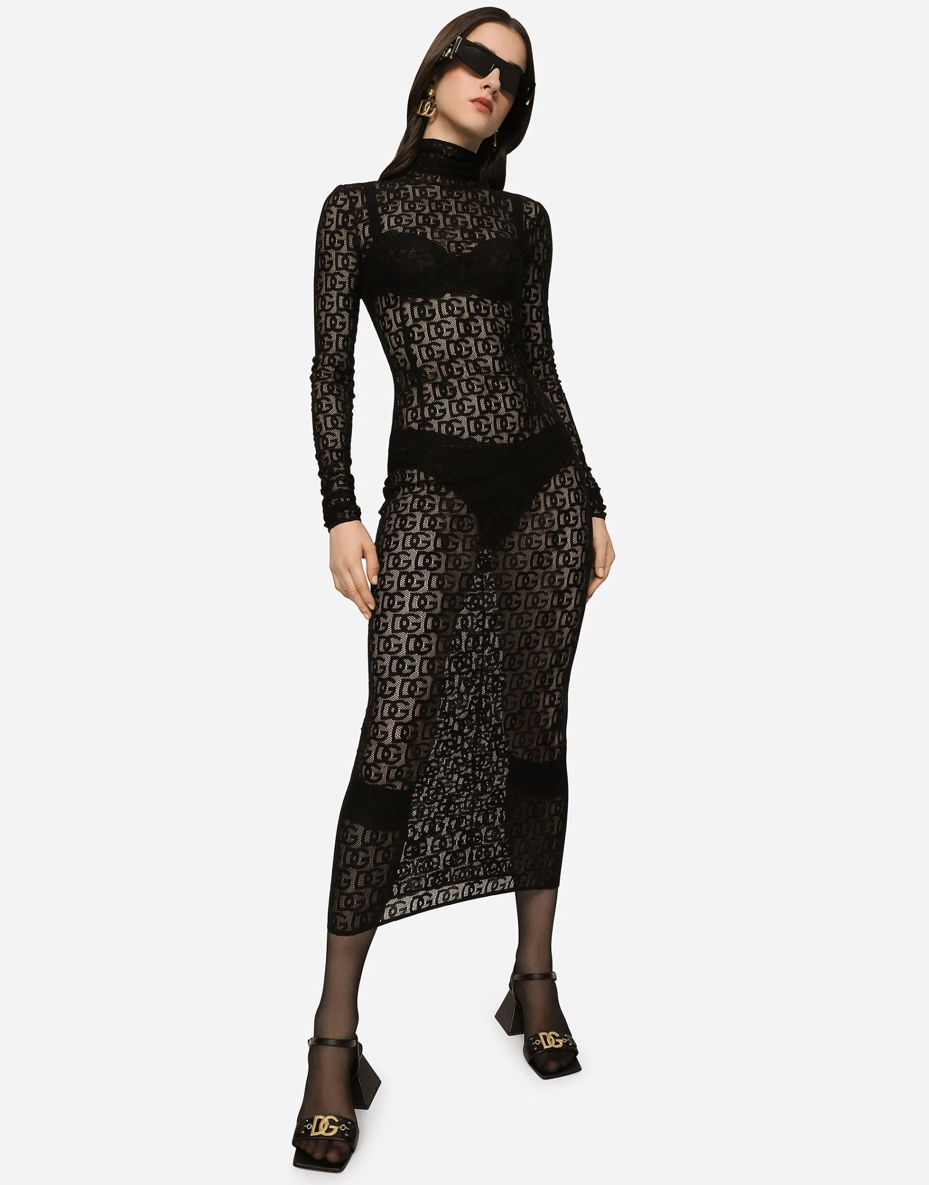 Tulle calf-length dress with all-over DG logo