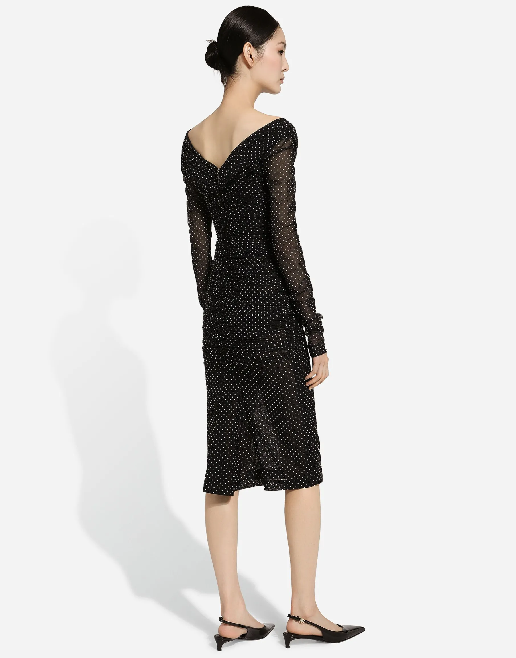 Tulle calf-length dress with draping and polka-dot print