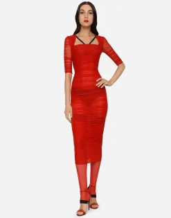 Tulle calf-length dress with draping