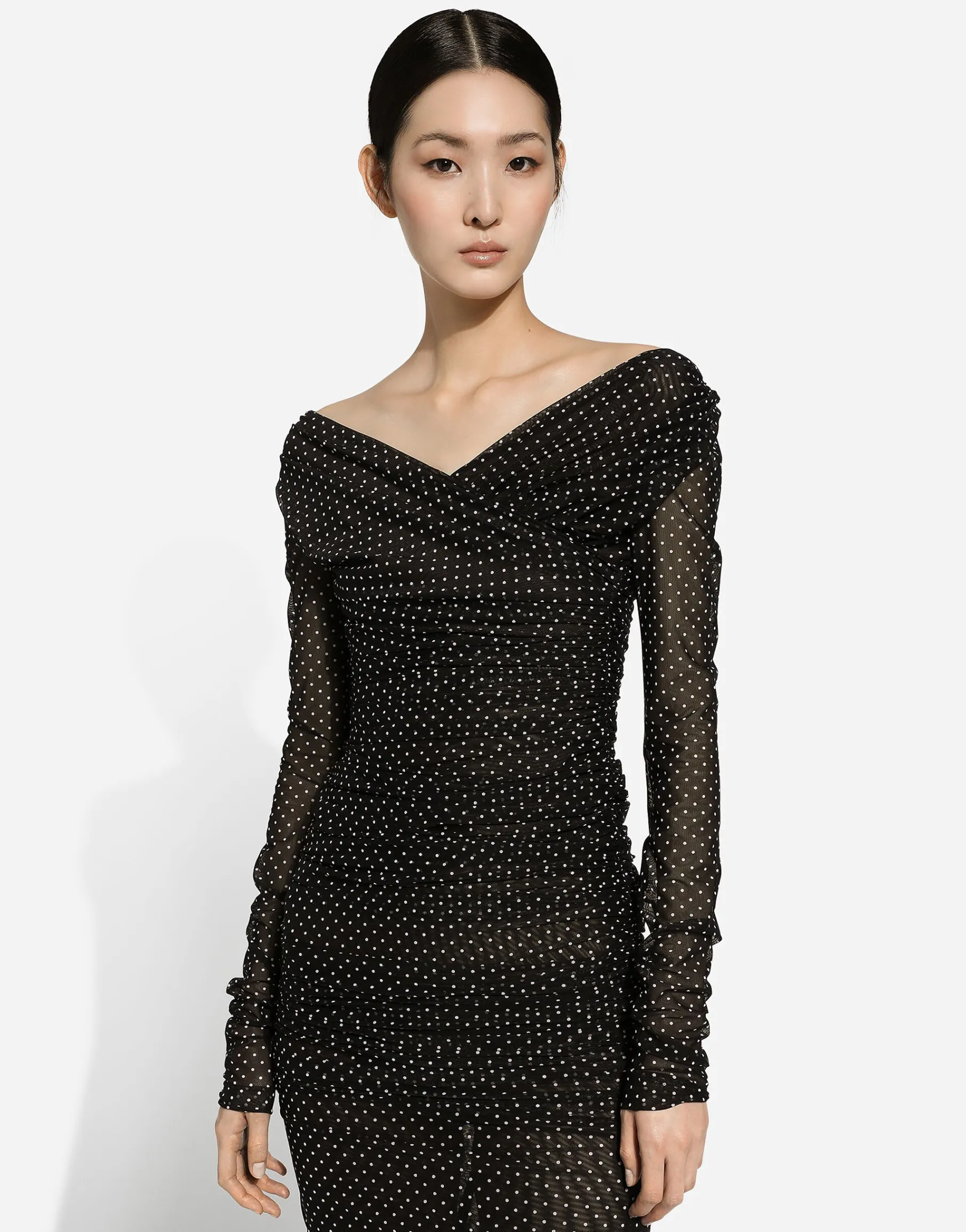 Tulle calf-length dress with draping and polka-dot print