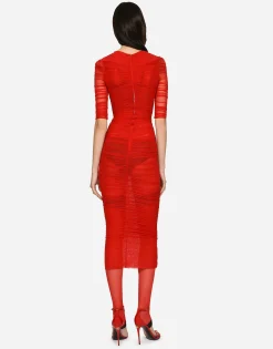 Tulle calf-length dress with draping