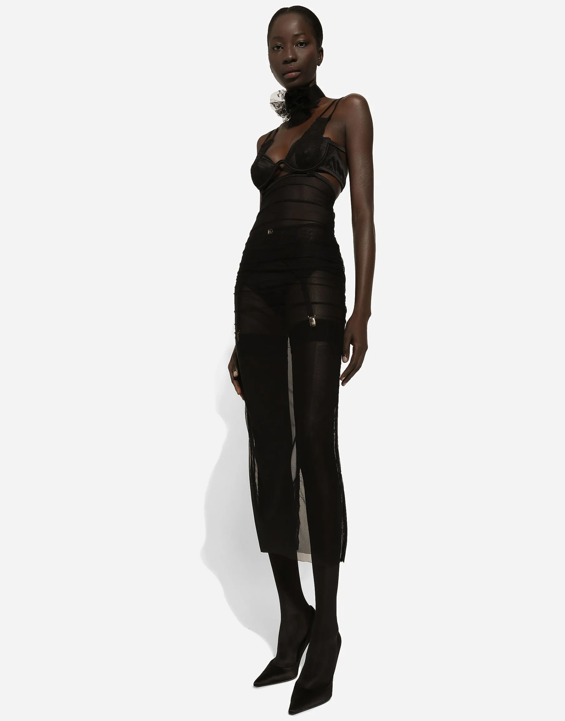 Tulle calf-length dress with corset details