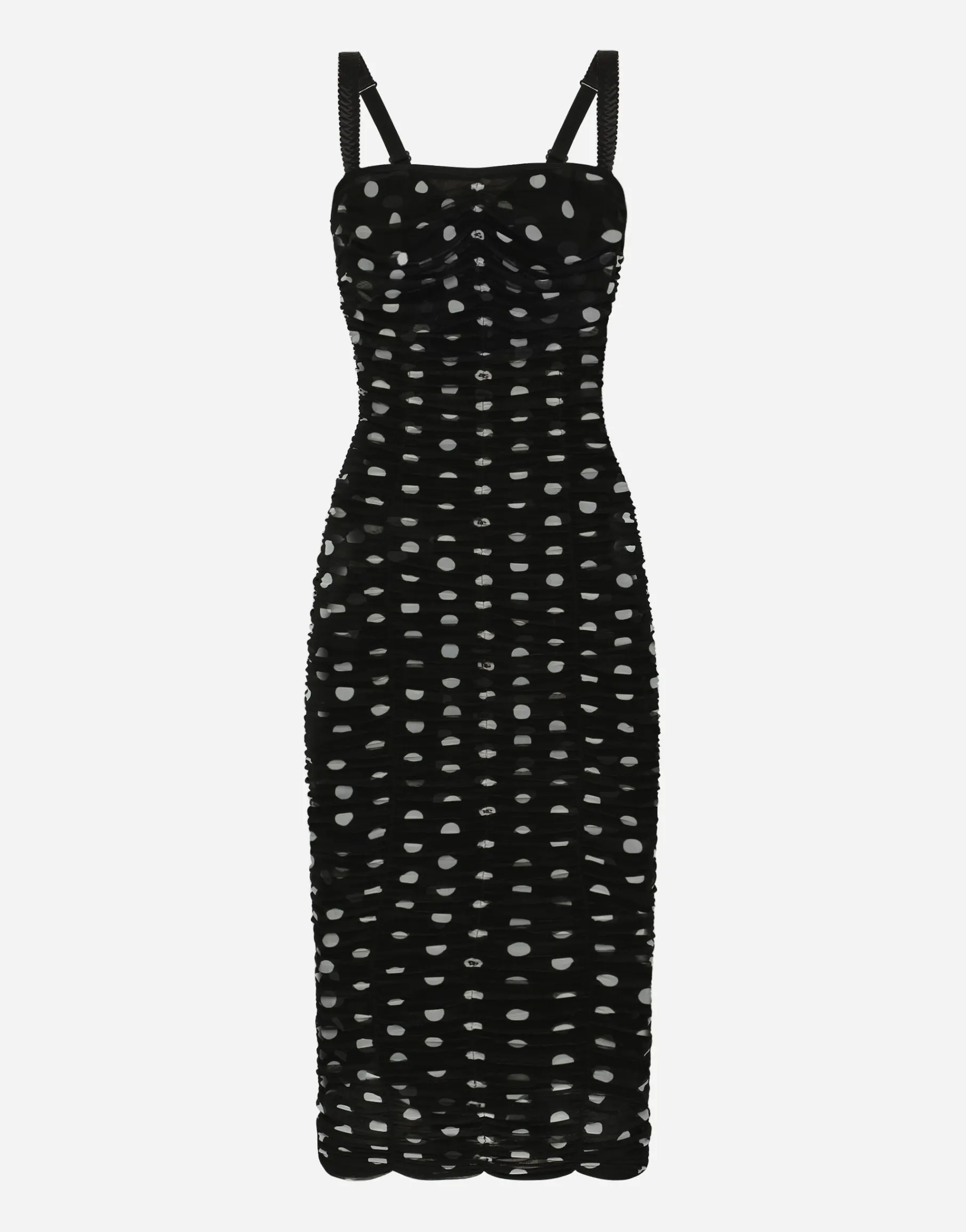 Tulle calf-length sheath dress with draping and polka-dot print