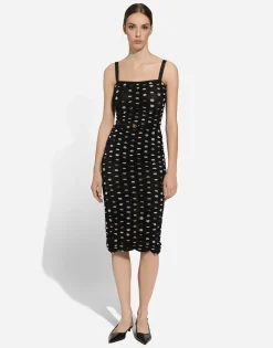 Tulle calf-length sheath dress with draping and polka-dot print