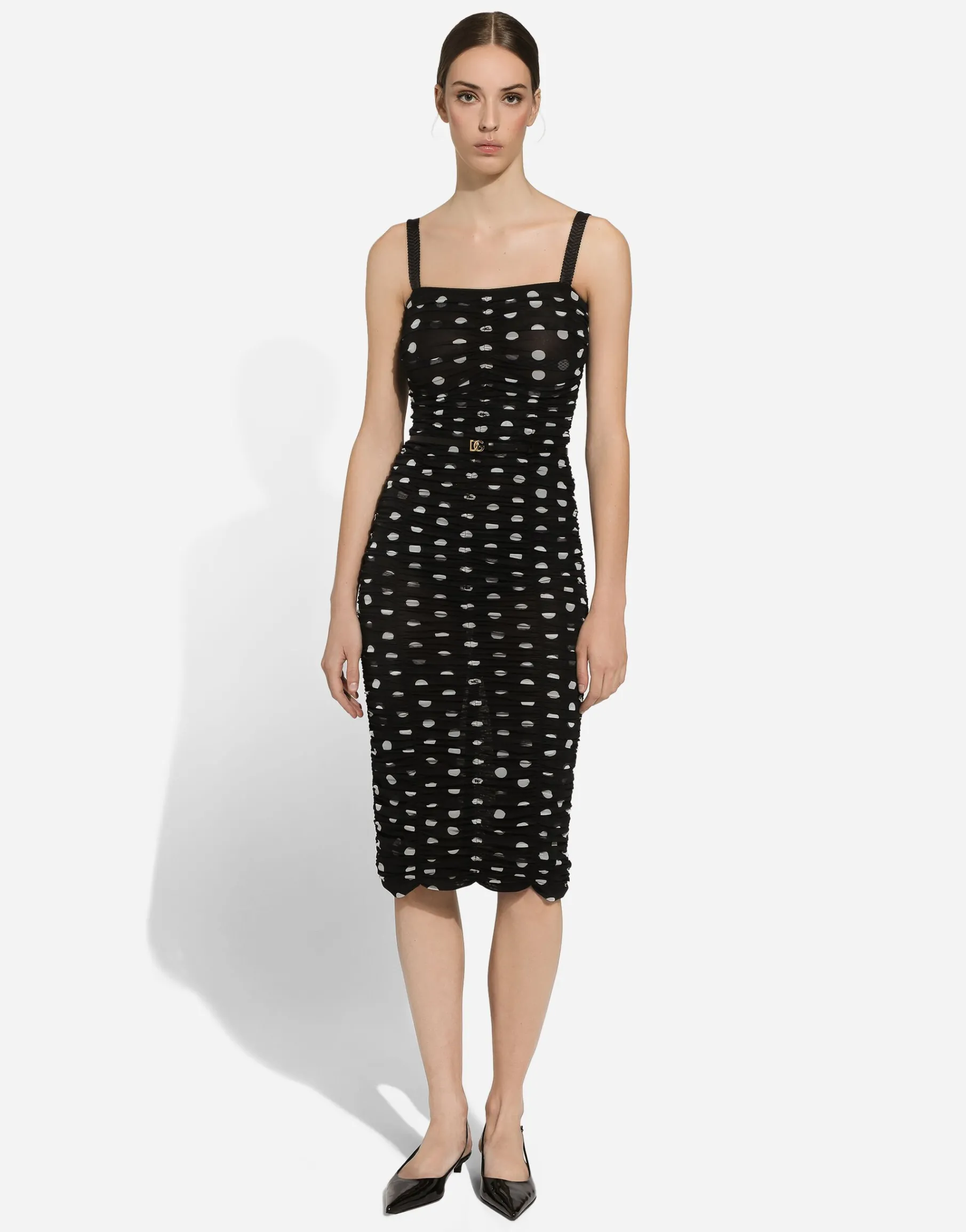 Tulle calf-length sheath dress with draping and polka-dot print