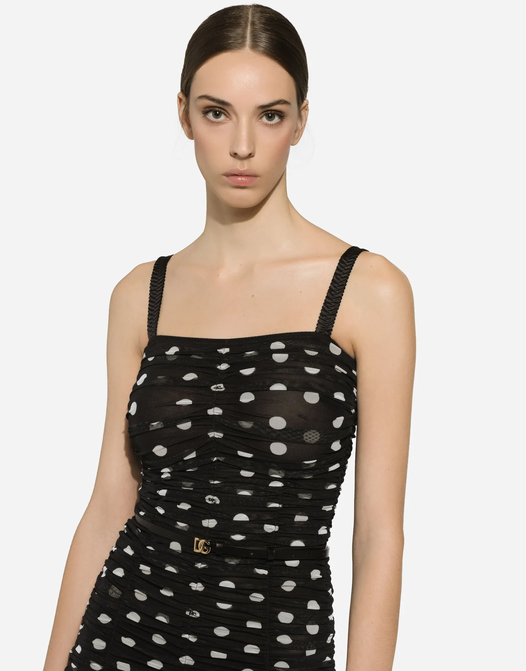 Tulle calf-length sheath dress with draping and polka-dot print