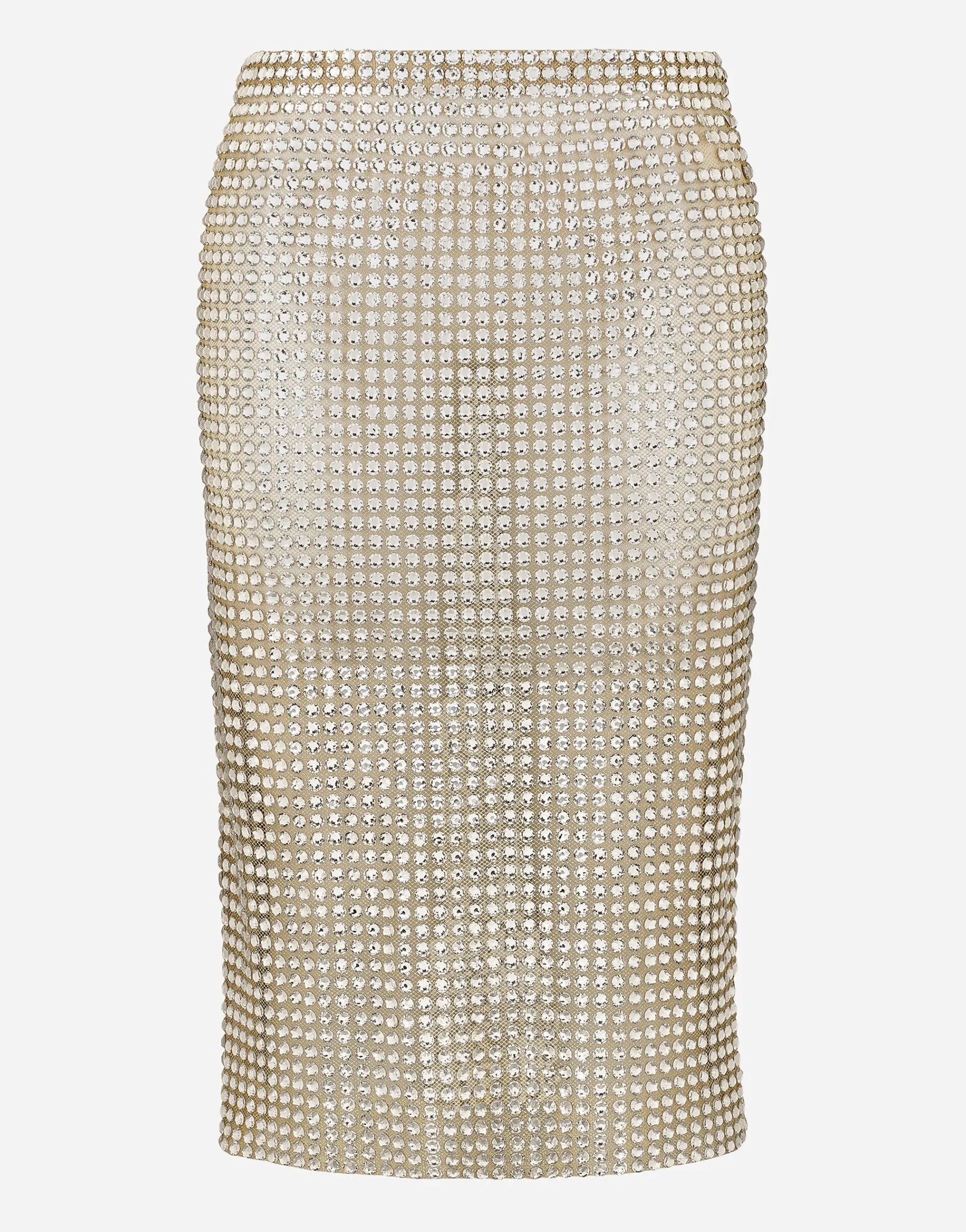 Tulle calf-length skirt with all-over fusible rhinestone embellishment
