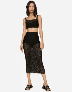 Tulle calf-length skirt with all-over DG logo