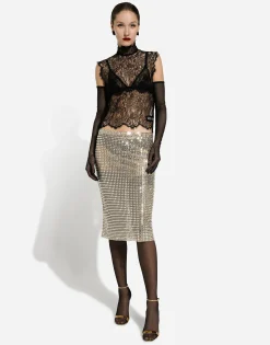 Tulle calf-length skirt with all-over fusible rhinestone embellishment