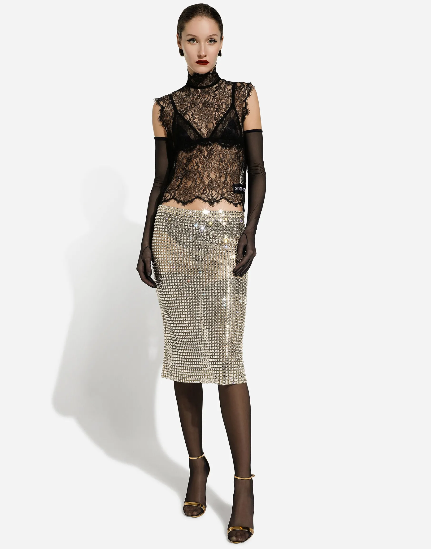 Tulle calf-length skirt with all-over fusible rhinestone embellishment