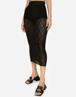 Tulle calf-length skirt with all-over DG logo