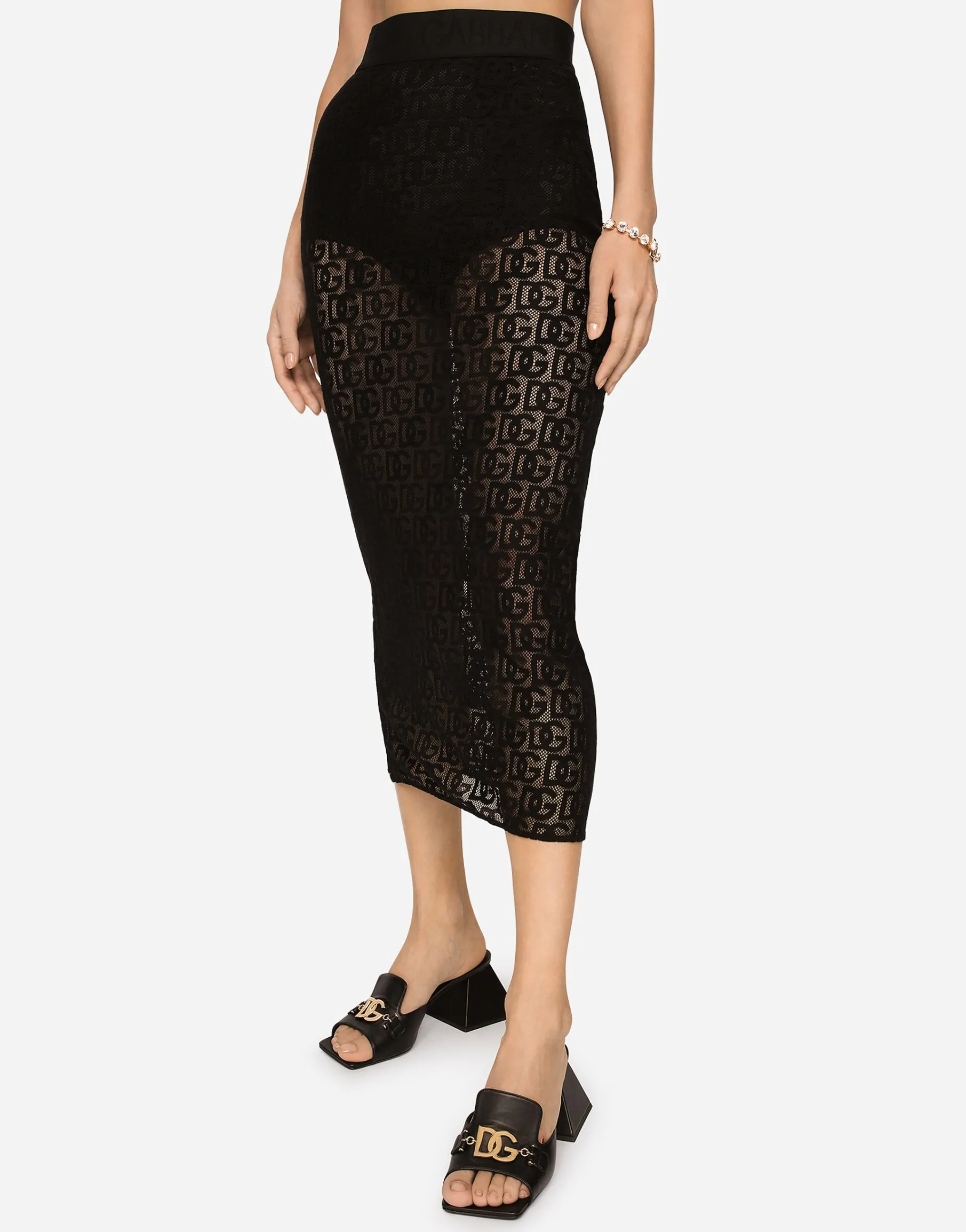 Tulle calf-length skirt with all-over DG logo