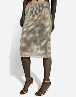 Tulle calf-length skirt with all-over fusible rhinestone embellishment