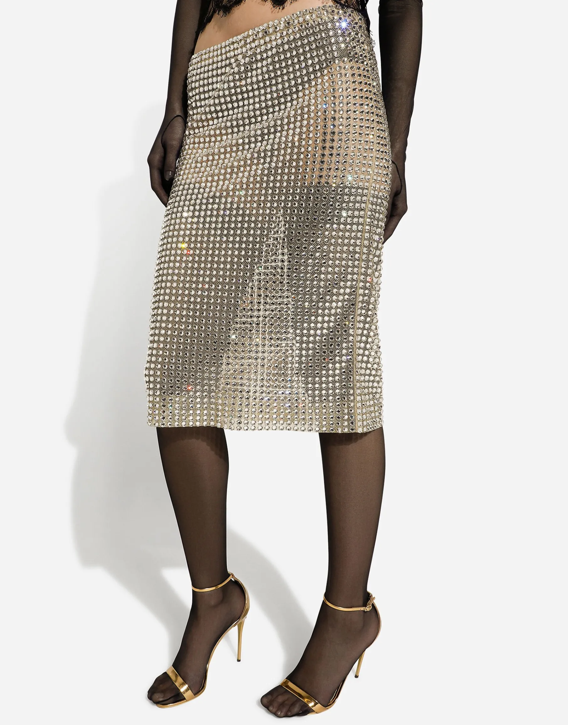 Tulle calf-length skirt with all-over fusible rhinestone embellishment