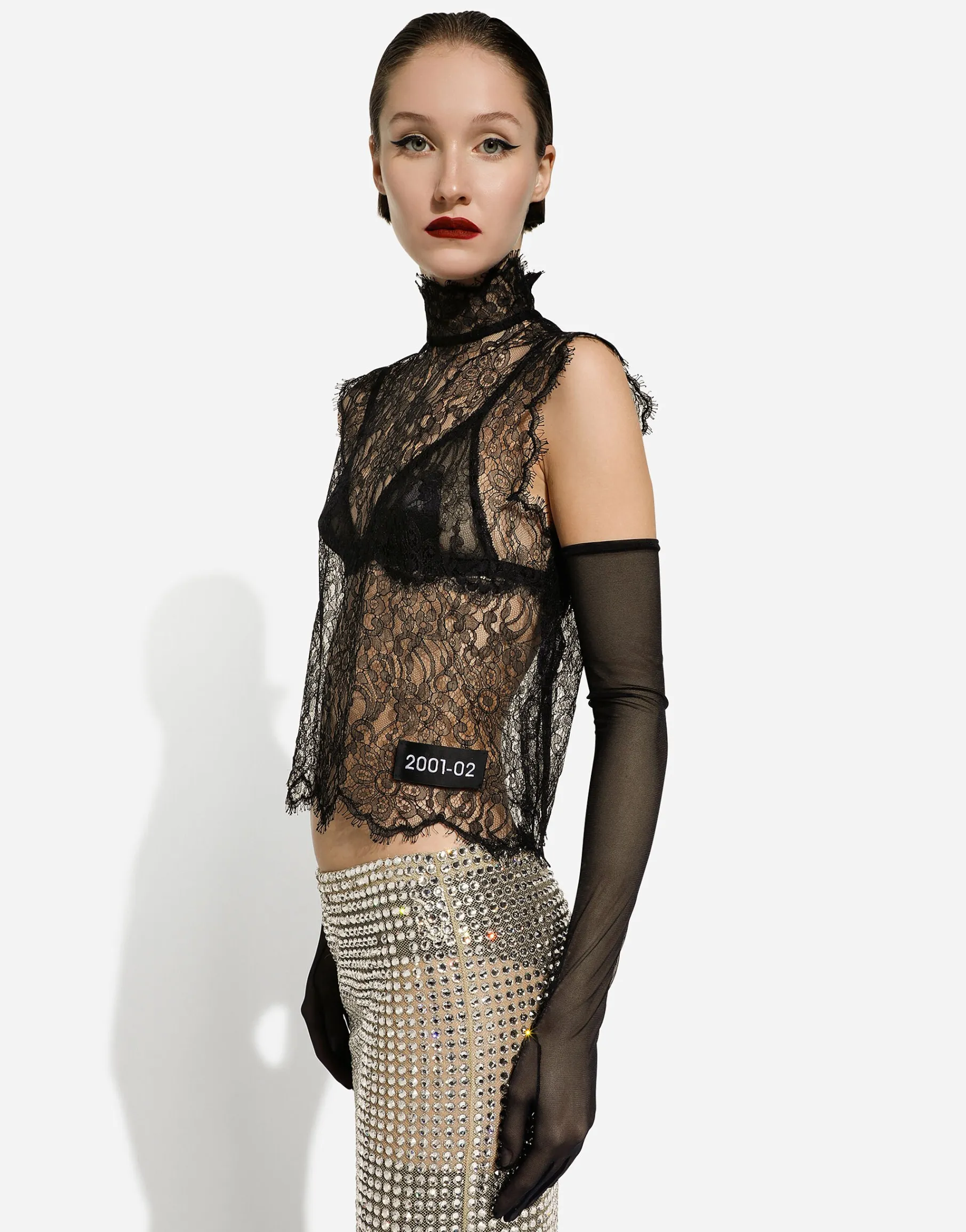 Tulle calf-length skirt with all-over fusible rhinestone embellishment