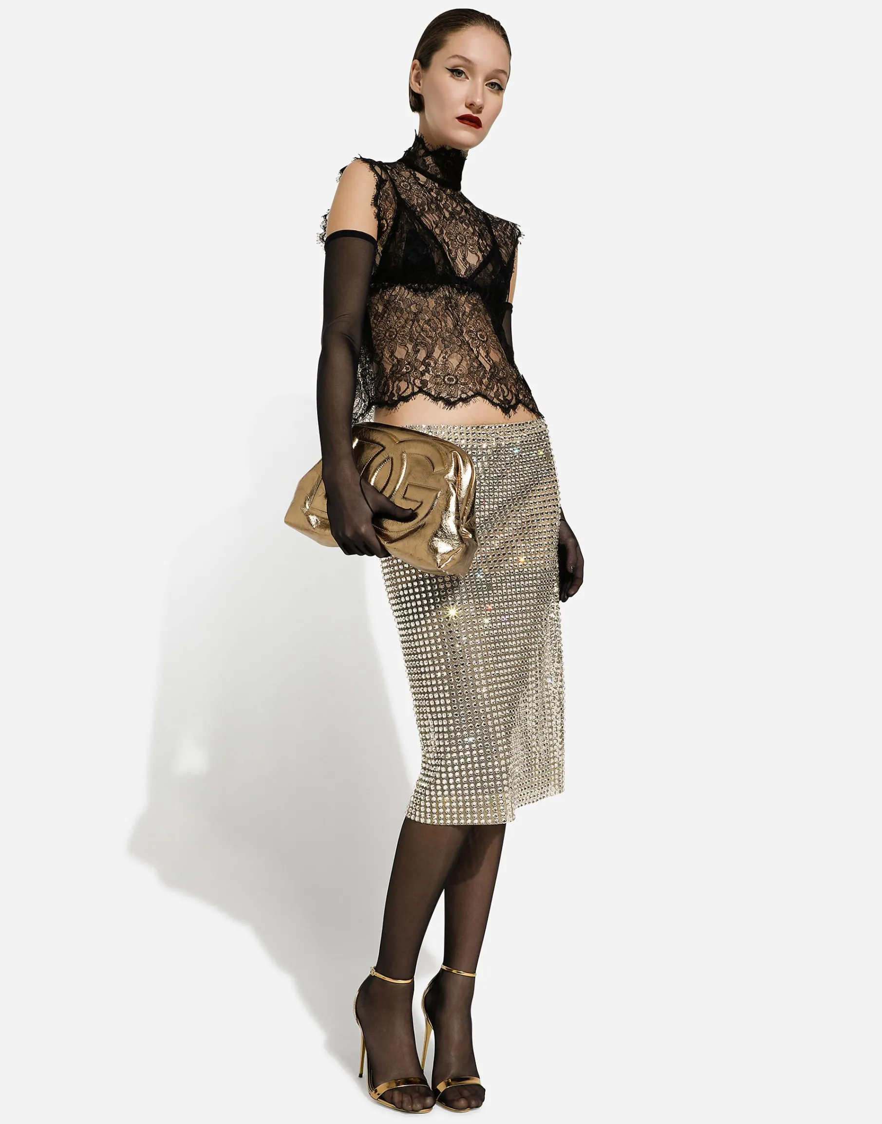 Tulle calf-length skirt with all-over fusible rhinestone embellishment