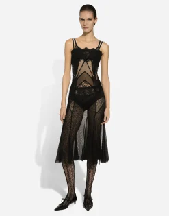 Tulle, mesh and lace calf-length slip dress