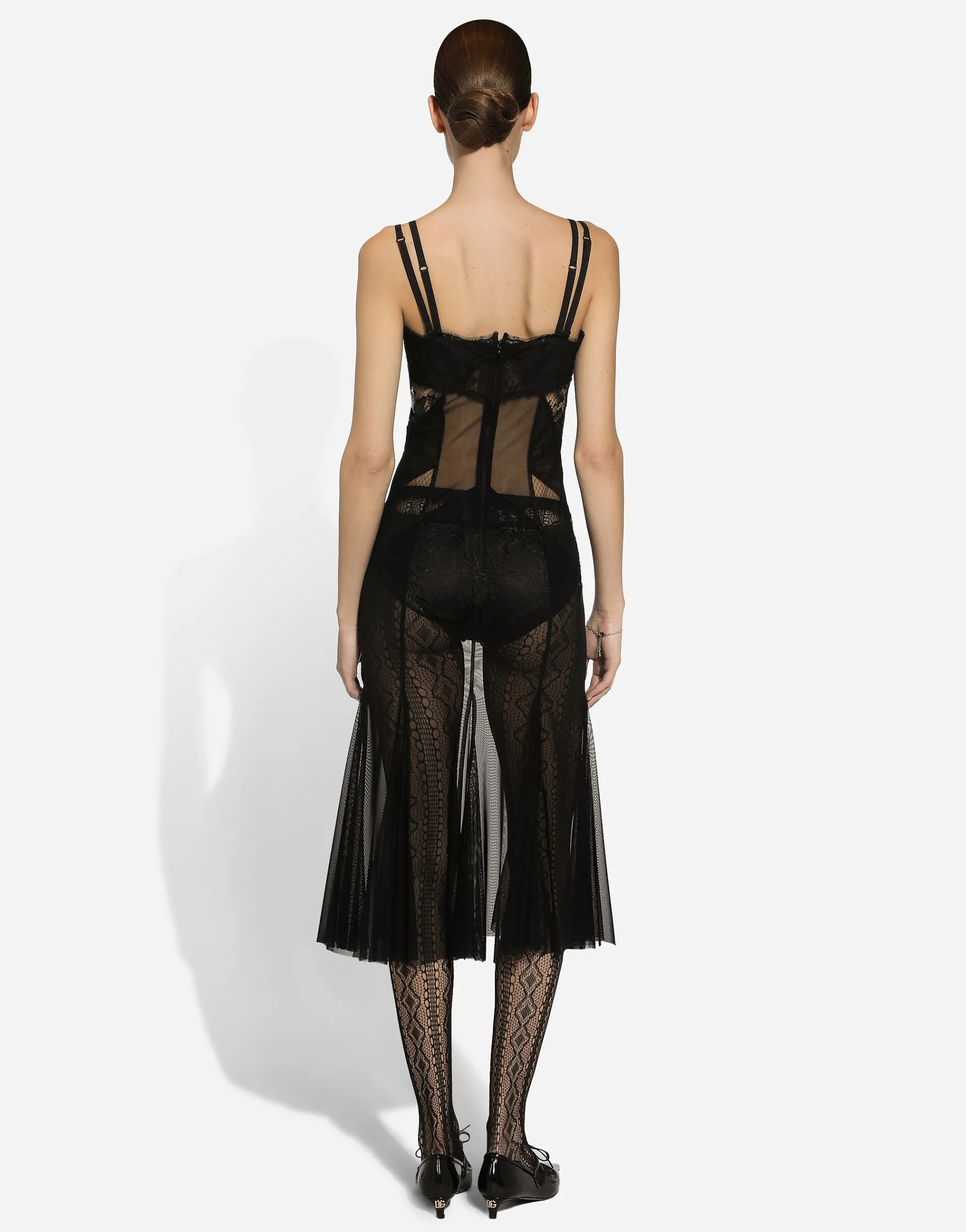 Tulle, mesh and lace calf-length slip dress
