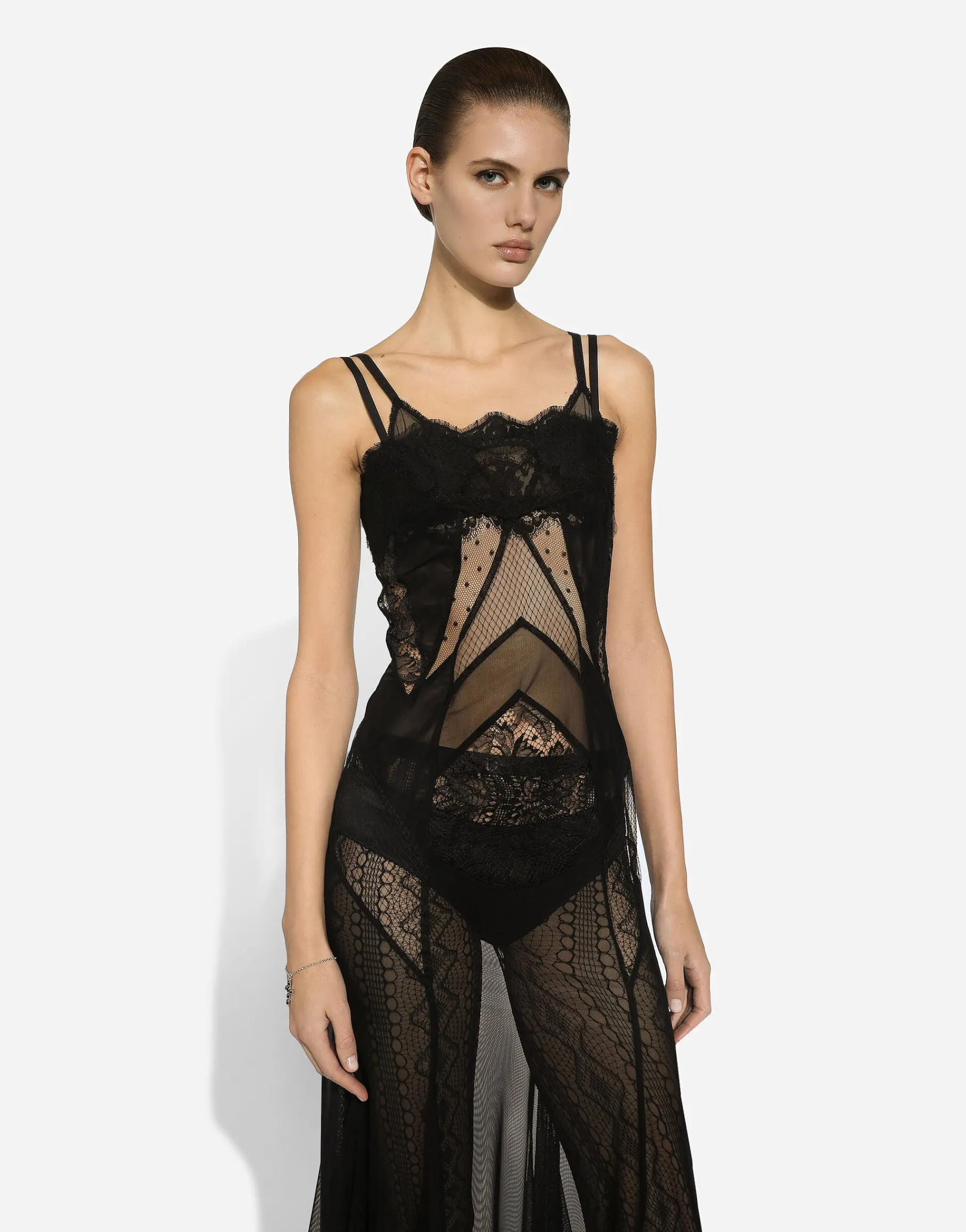 Tulle, mesh and lace calf-length slip dress