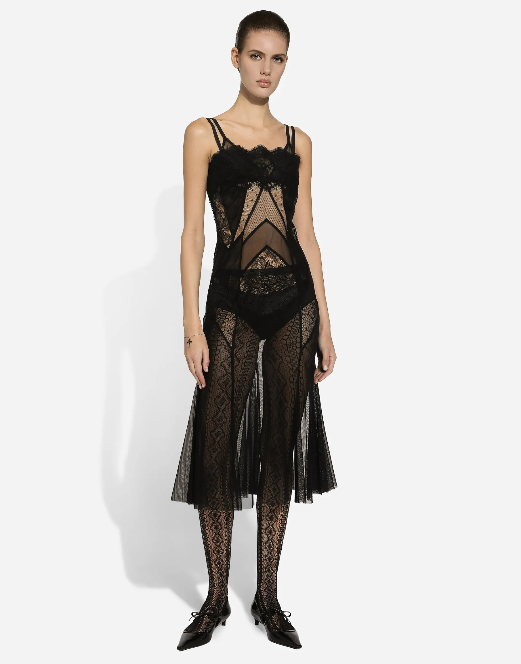 Tulle, mesh and lace calf-length slip dress