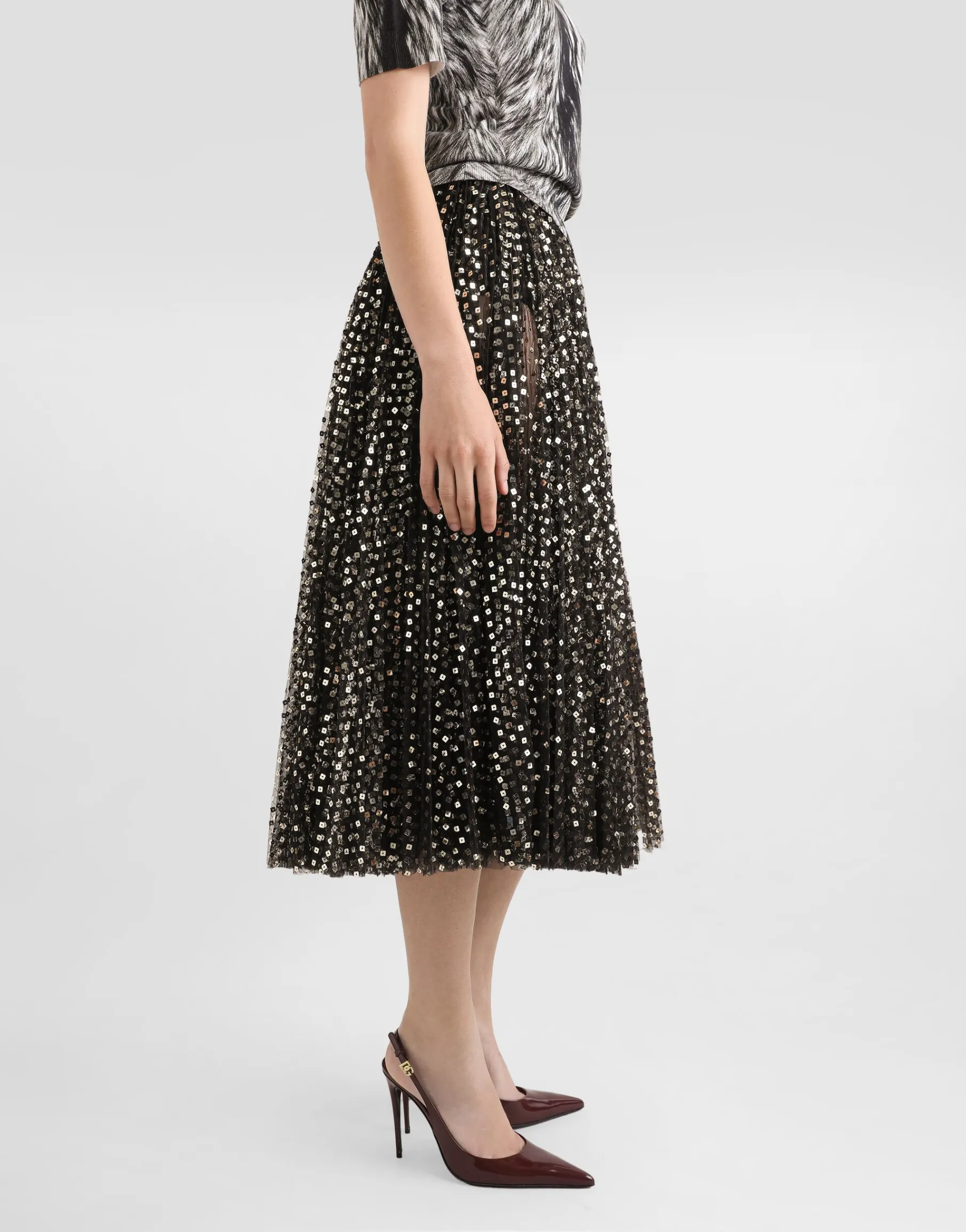 Tulle midi circle skirt with micro-sequin embroidery