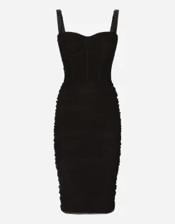 Tulle midi dress with draping and corset