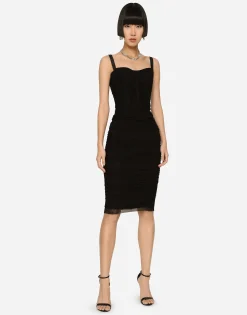 Tulle midi dress with draping and corset
