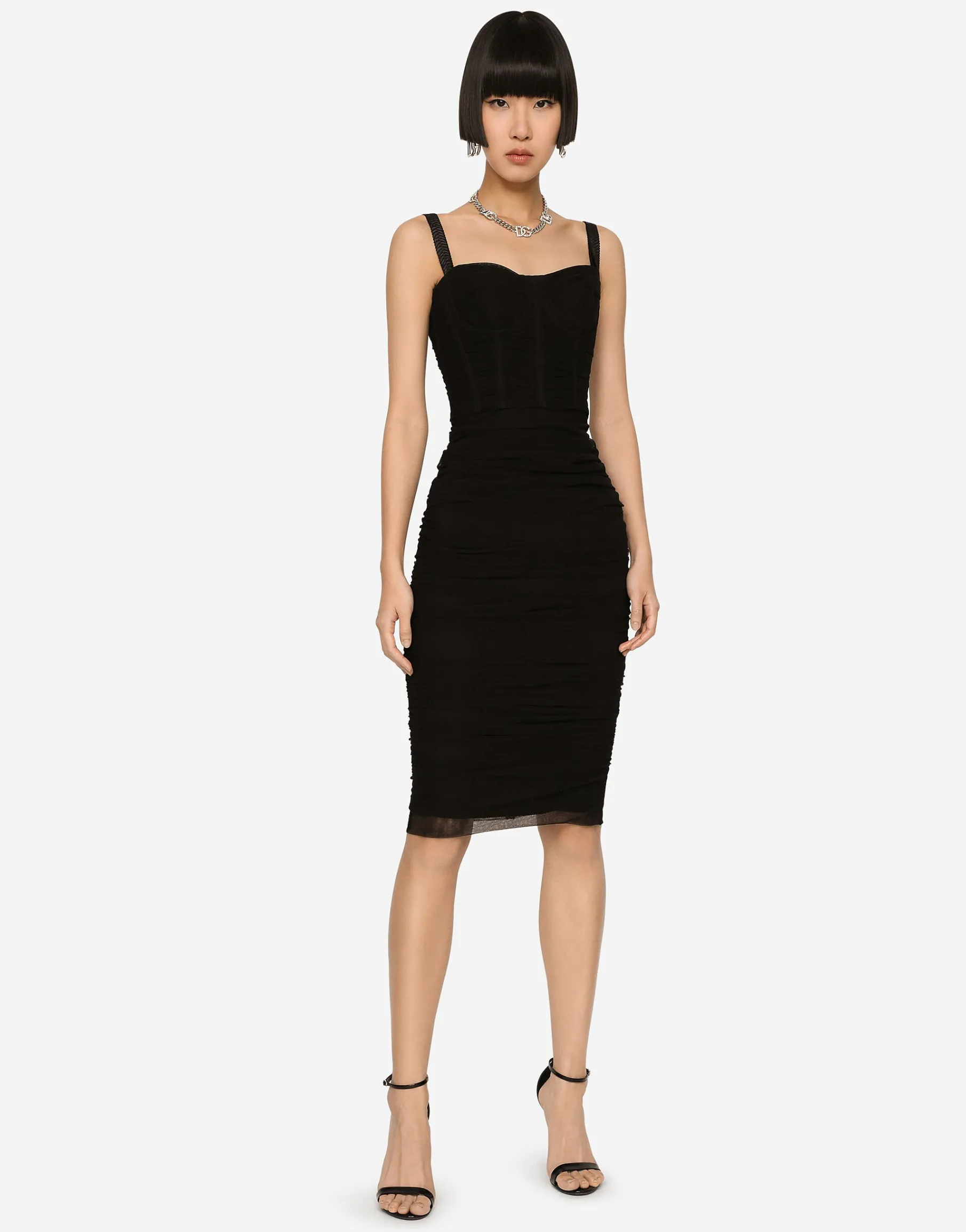 Tulle midi dress with draping and corset
