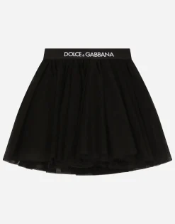 Tulle midi skirt with branded elastic